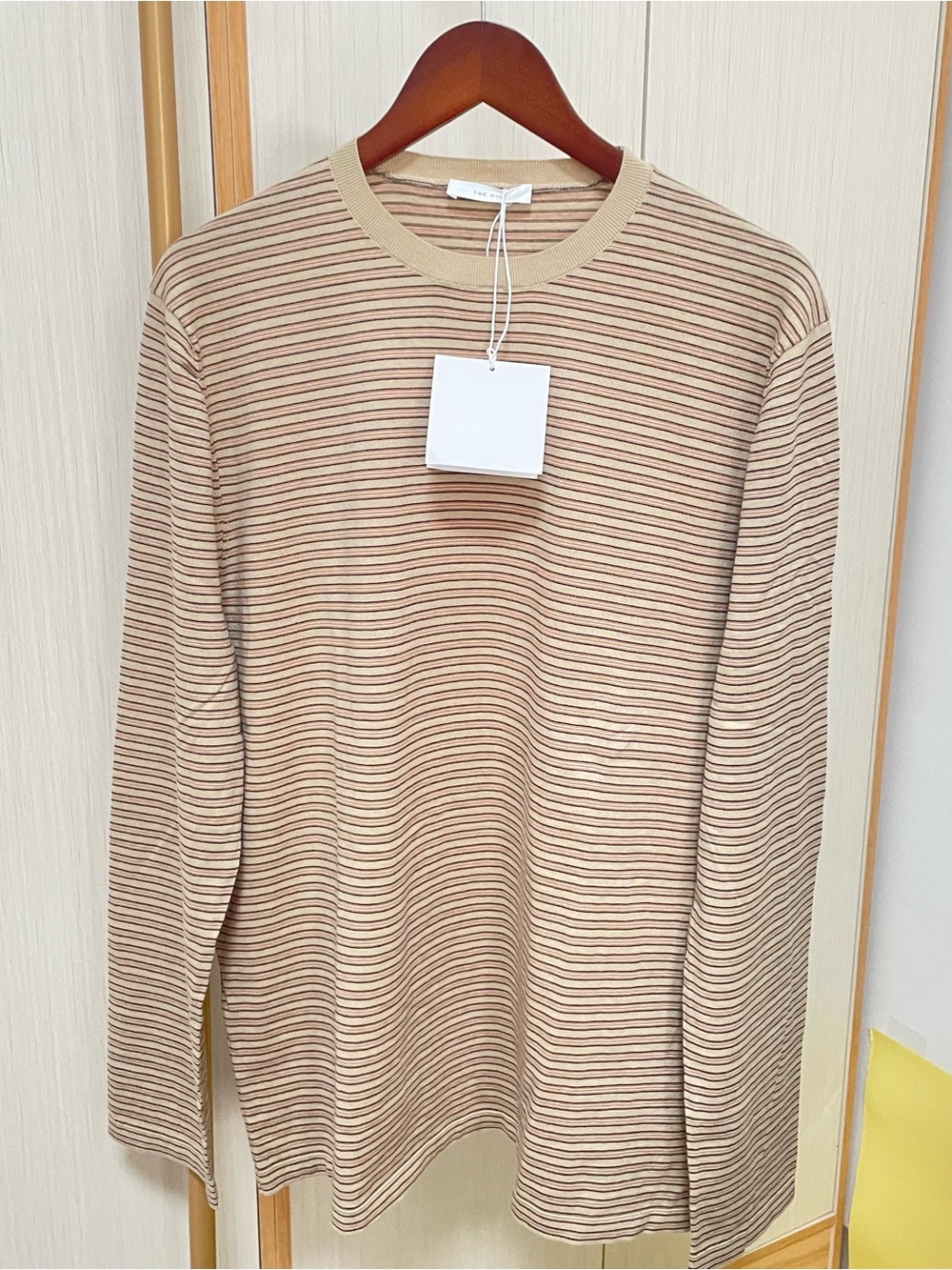 The Row Beige Crewneck Sweater with Thin Brown Stripes